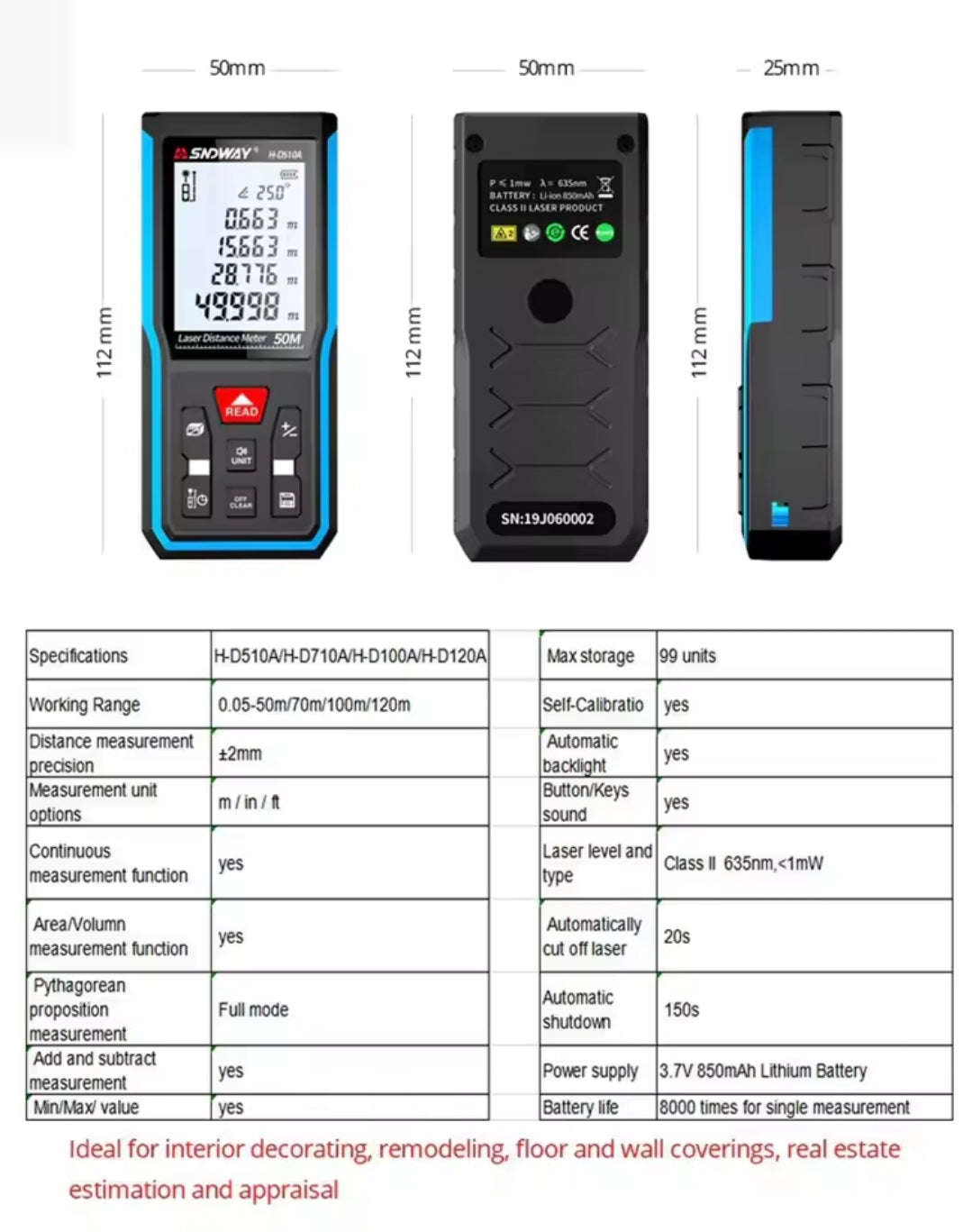 SNDWAY H-D100A 100M Laser Distance Meter